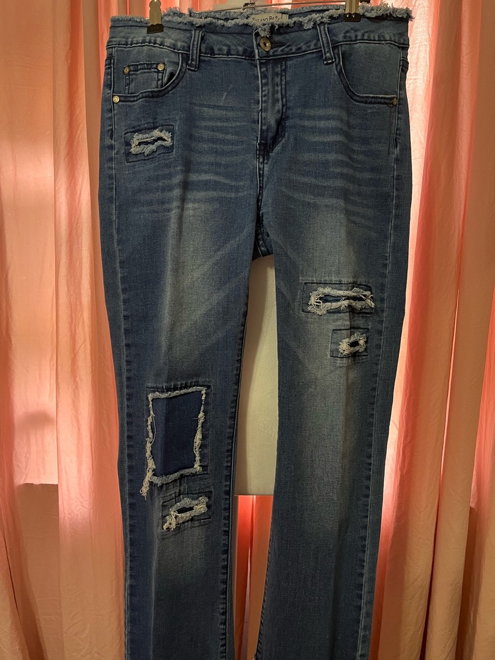 Women's Straight Leg Distressed Jeans - Dark Blue